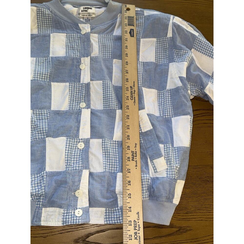 Vintage London Fog Patchwork Bomber Jacket M Blue Gingham Cotton Shoulder Pads - Picture 9 of 12